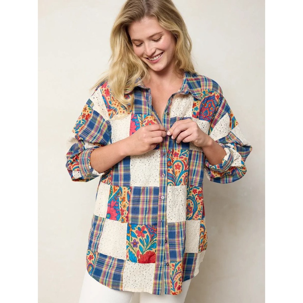 Natural Life Barcelona Patchwork Button Down Shirt XL NWT Lace Boho Oversized